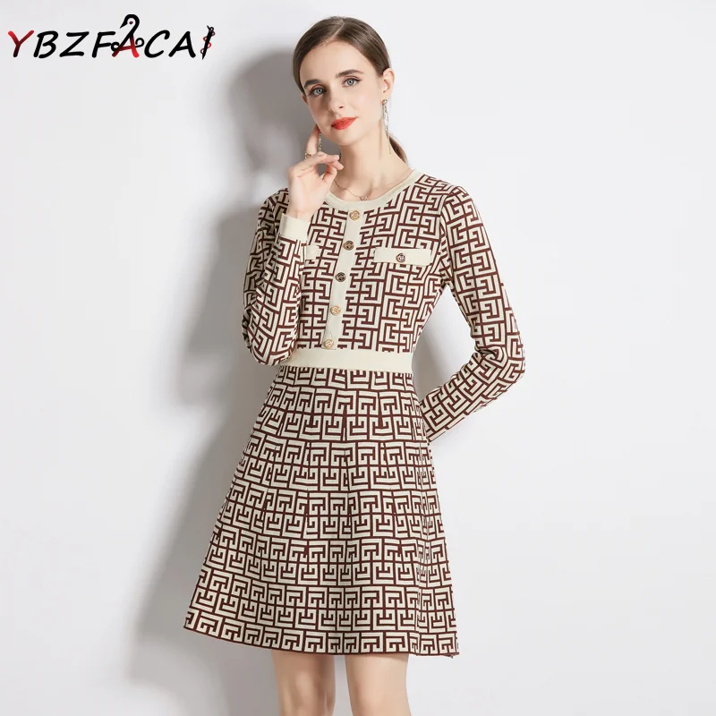 

French Retro Black Slim O Neck Long Sleeved Knitted Dress Women Fall Winter Pullover Sweater Dress Fashion Plaid A-line Dress