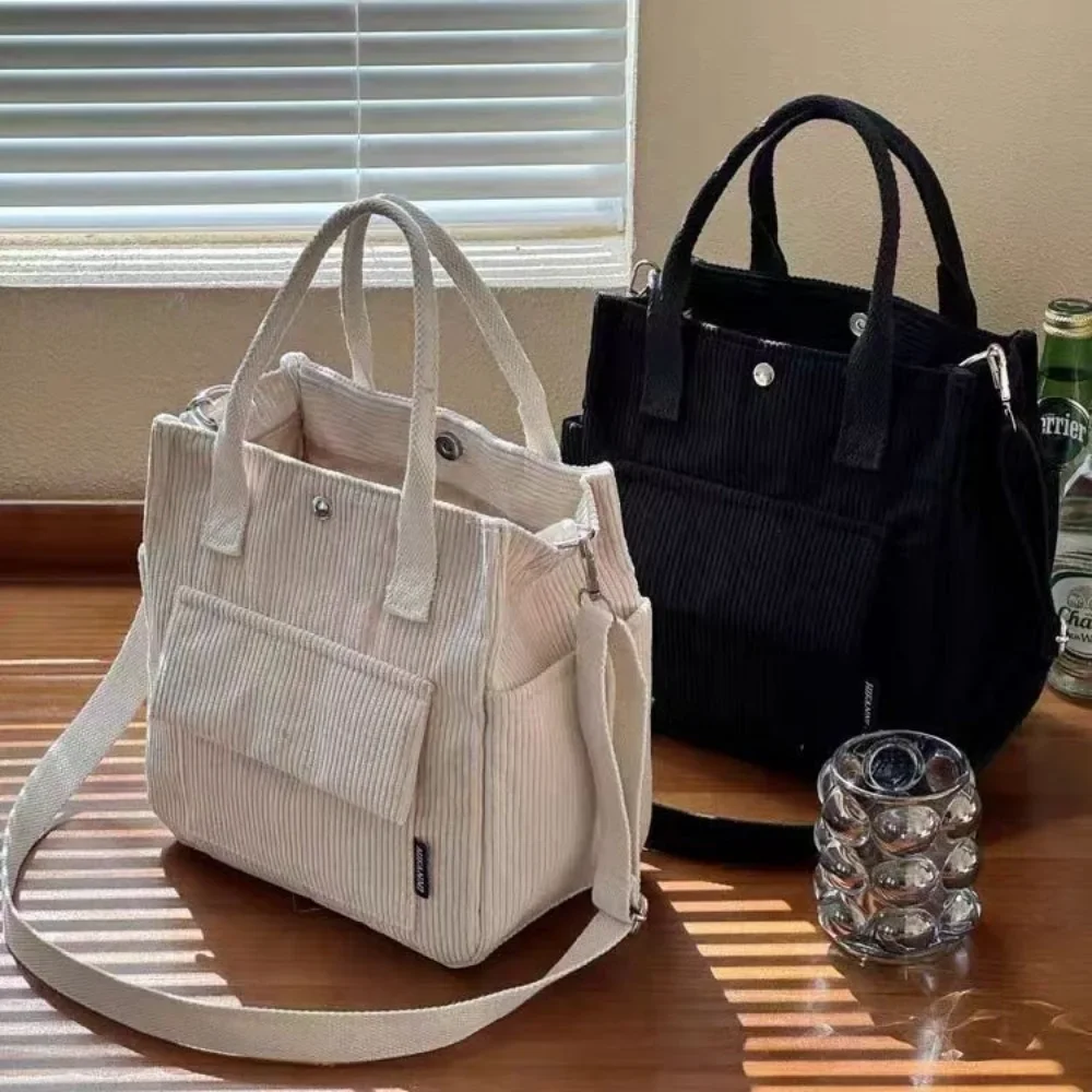 1pc Vintage Corduroy Shoulder Bag for Women, Lightweight Striped Tote with Removable Strap, Multi-Pocket Design