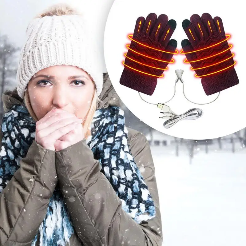 USB Electric Heated Gloves Winter Warm Knitted Mittens for Outdoor Sports Cycling Skiing Fishing