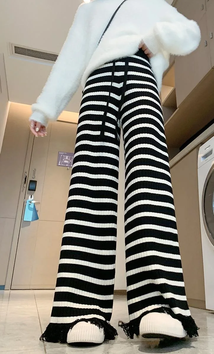 Striped fringe knitted wide leg pants for women in autumn and winter, new casual loose knit long pants