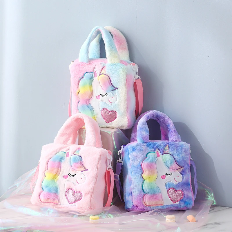Bolsos unicornio esponjoso de moda, bolsos Kawaii de peluche de peluche, bolso de hombro encantador, regalo de cumpleaños para | - AliExpress