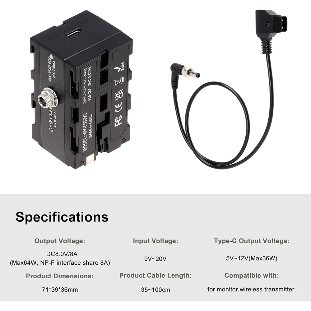 FOTGA 듀얼 사이드 NP-F 더미 배터리 어댑터, 카메라 모니터 무선 송신기용 NP-F550, F750, F970, D-탭-DC 5.5x2.5mm 케이블