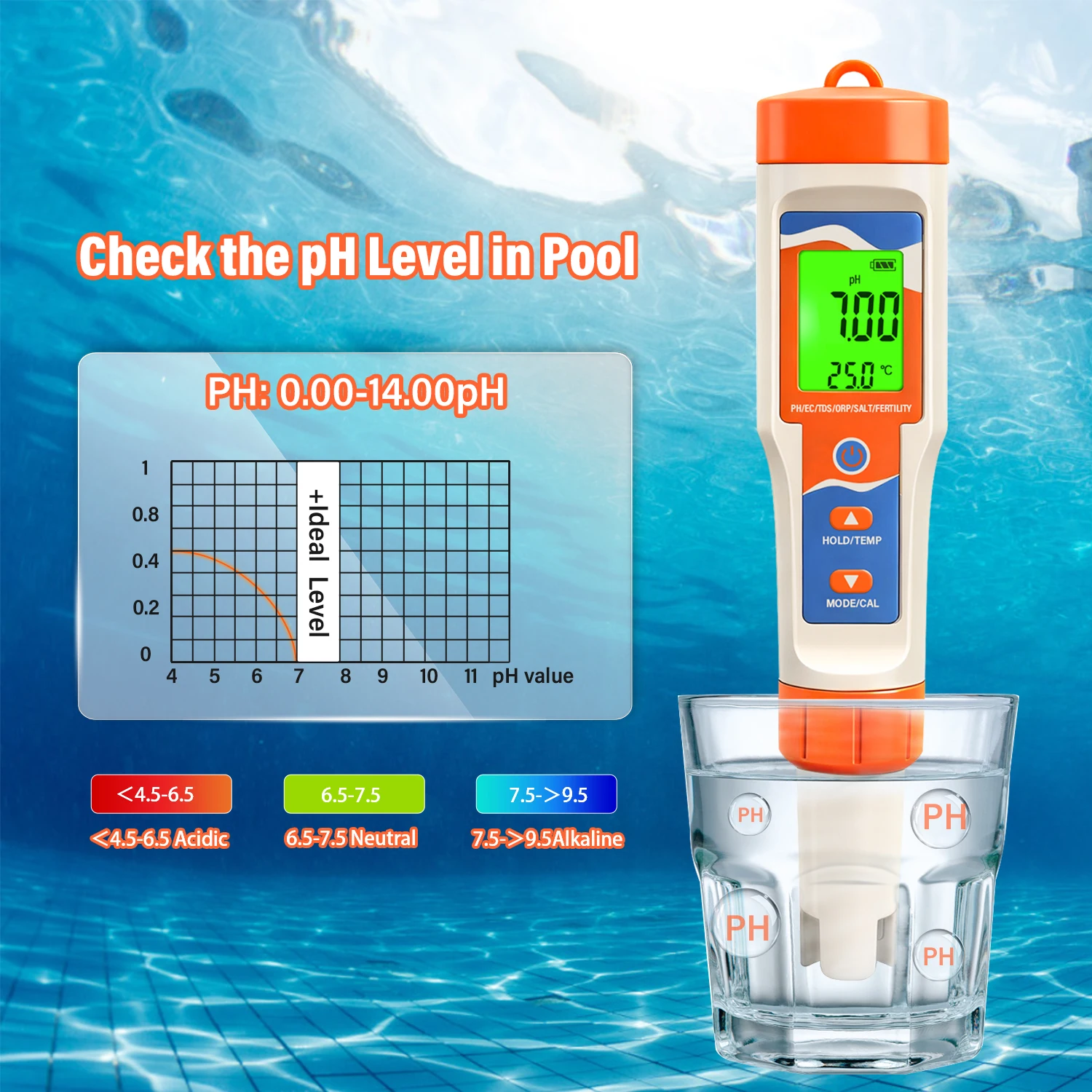 7-in-1 Pool Water Tester Digital Water Quality Meter for Swimming Pool SPA pH/OR