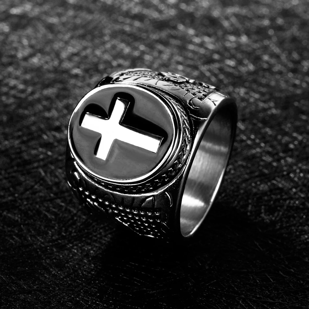 Men Vintage Stainless Steel Cross Ring Gold Color Punk Hip Hop Christian Biker Signet Ring Jewelry Amulet Gift finger rings,cross rings,punk rings,vintage jewelry
