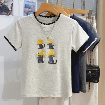 2025 الصيف لطيف القط المطرزة تي شيرتات قصيرة الاكمام المرأة عادية فضفاض س الرقبة تي شيرتات قطن جديد شيك الكرتون الطباعة القمم 4