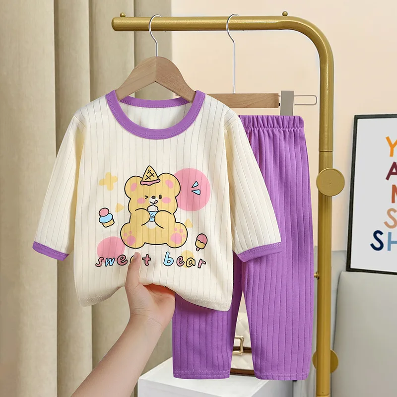 Summer Long-sleeved Trousers Home Wear Suit All Cotton Underwear Sets Babies Boys Cartoon Thin Sleepwear Pajamas Pants