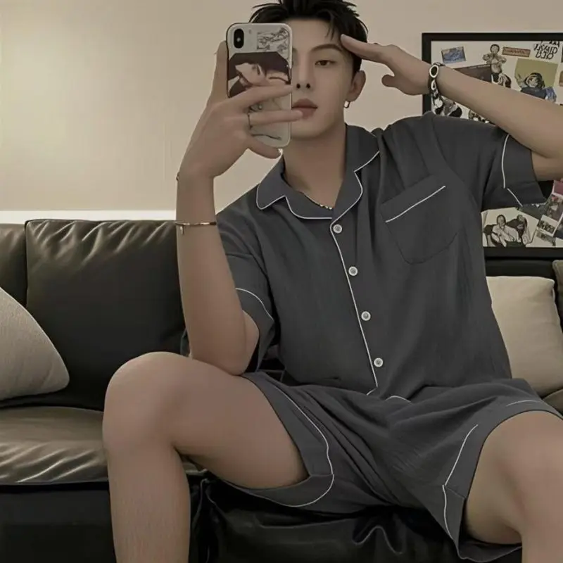 بيجامة رجالية كبيرة من غزل القطن الخالص للربيع والخريف بأكمام طويلة ملابس خارجية سوداء بسيطة طقم ملابس منزلية صيفي