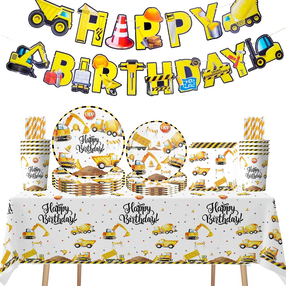 

Cartoon Car Party Disposable Tableware Paper Plate Cup Tablecloth Baby Shower Construction Vehicle Birthday Party Decor Supplies
