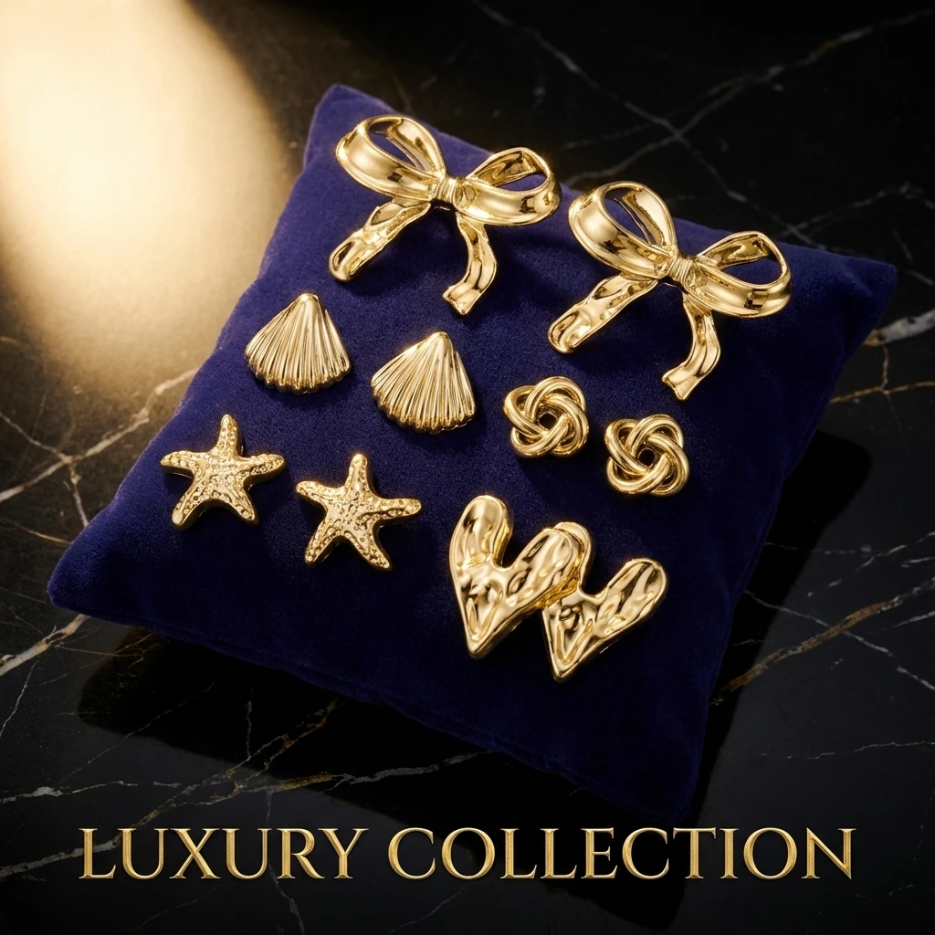 5-teiliges Goldfarbenes Ohrstecker-Geschenkset für Frauen Schleife Muschel Seestern Herz Knoten Strukturiert Alltäglicher Schmuck Freundschaftsgeschenk – Detail 2