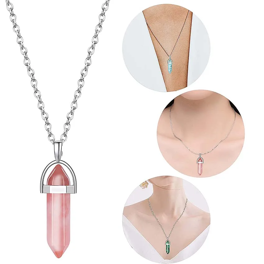 Natural Purple Amethysts Rock Quartz Rose Crystal Hexagonal Chakra Healing Point Pendulum Stone Pendant Necklace For Women Girls 6