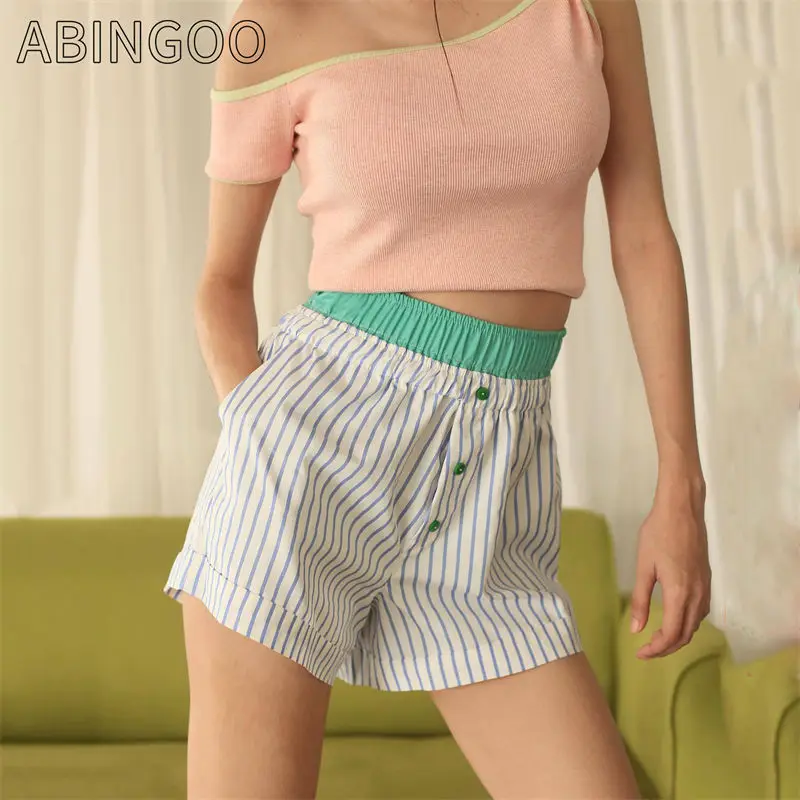 ABINGOO Women Elastic Waist Shorts Casual Summer Patchwork Stripe Print Short Pants for Beach Nightclub Streetwear