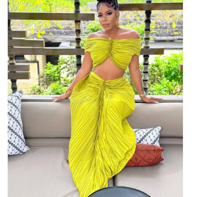 2 Piece Skirt Sets Summer Sexy Solid Top Pleated Maxi Skirt Sets Elegant Party Sheath Matching Fashion Outfit 2023 New Arrival