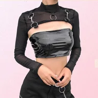 Col roulé en maille gothique pour femme, voir à travers les manches longues, BEmbed o Shrug Crop, Y-Black O-Ring Metal Tative 2