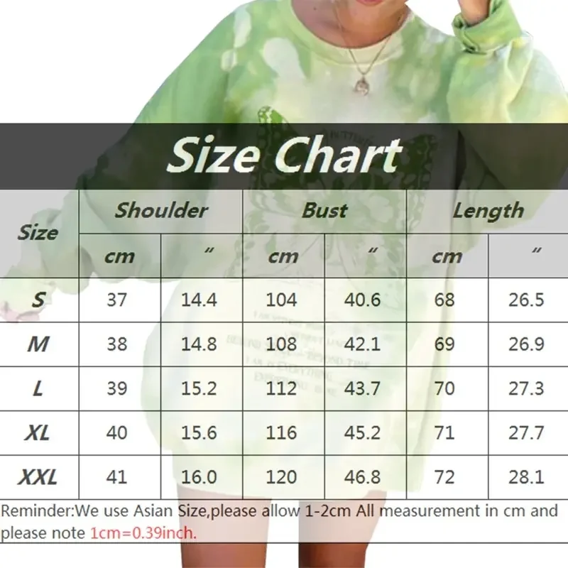 Butterfly Print Tie-dye Long-sleeved Autumn Ladies Pullover Green Hoodie Casual Loose Pullover Top Women's Sweatshirt Plus Size