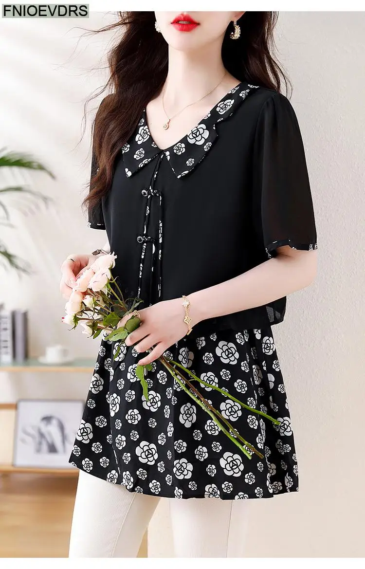 L-5XL Loose Clothes 2024 Women Summer Short Sleeve Elegant Ruffles Shirts Casual Retro Floral Tunic Peplum Tops And Blouses
