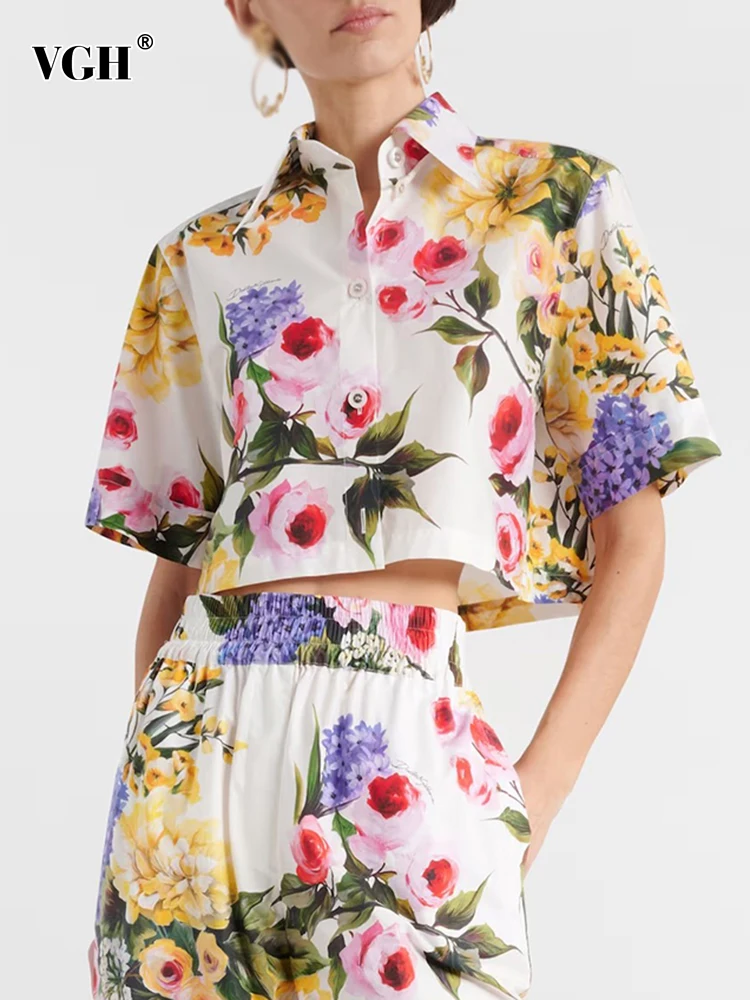 

VGH Hit Color Floarl Printing Casual Shirts For Women Lapel Short Sleeve Loose Minimalist Short Blousers Female Fashion Style