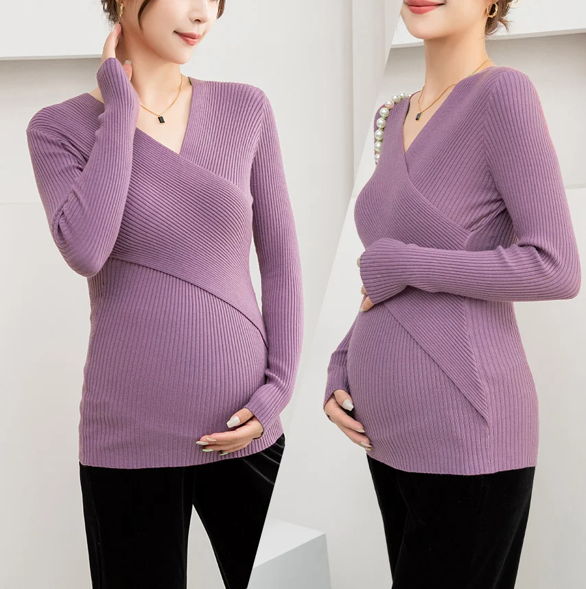 0625# Autumn Across V Neck Maternity Nursing Sweaters Shirts A Line Hot Breastfeeding Tops Clothes for Pregnant Women Pregnancy