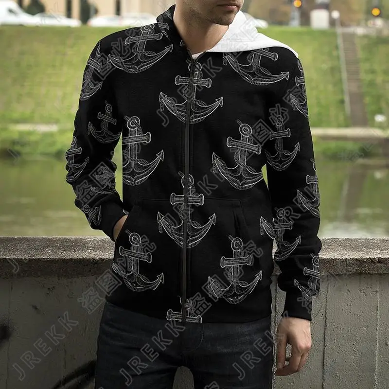 thumbnail image 1 of Sudadera con capucha y cremallera con estampado 3D de ancla náutica mediterránea para hombre, mujer y niño, 1 of 5