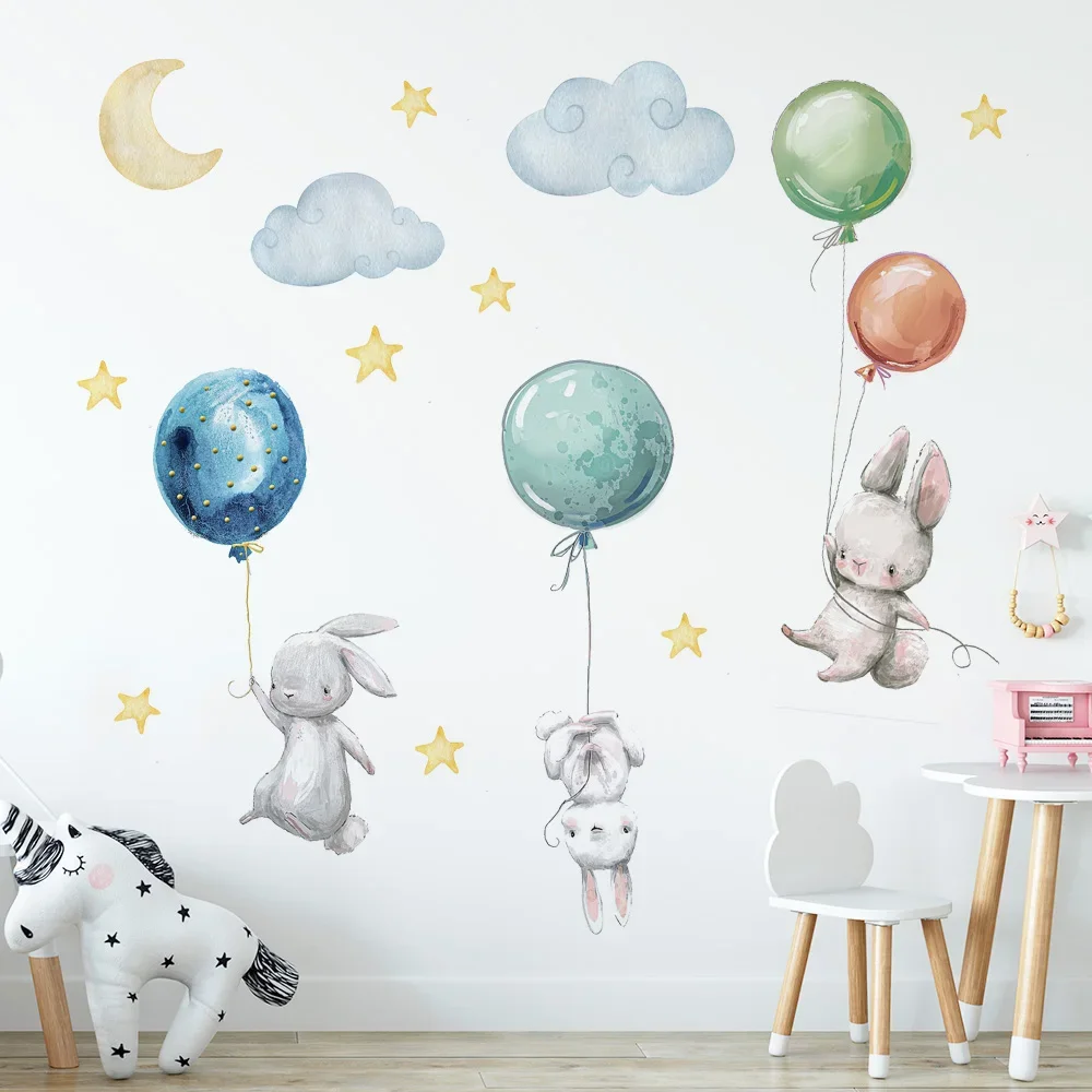 Luminous Wall Stickers Wall Stickers Vinyl Decal Stickers Cute Lovely Flying Rabbits For Kids Balloons Moon Star Cloud Removable Decal Nursery Baby Room Decor Poster Mural