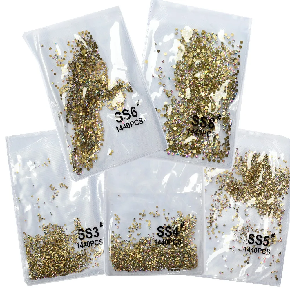 SS3-ss8 1440pcs Clear Crystal AB gold  3D Non HotFix FlatBack Nail Art Rhinestones Decorations Shoes And Dancing Decoration 2