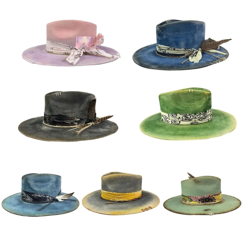 

Stylish Wool Felt Hat with Distressed Appearance Wide Brim for Various Occasions