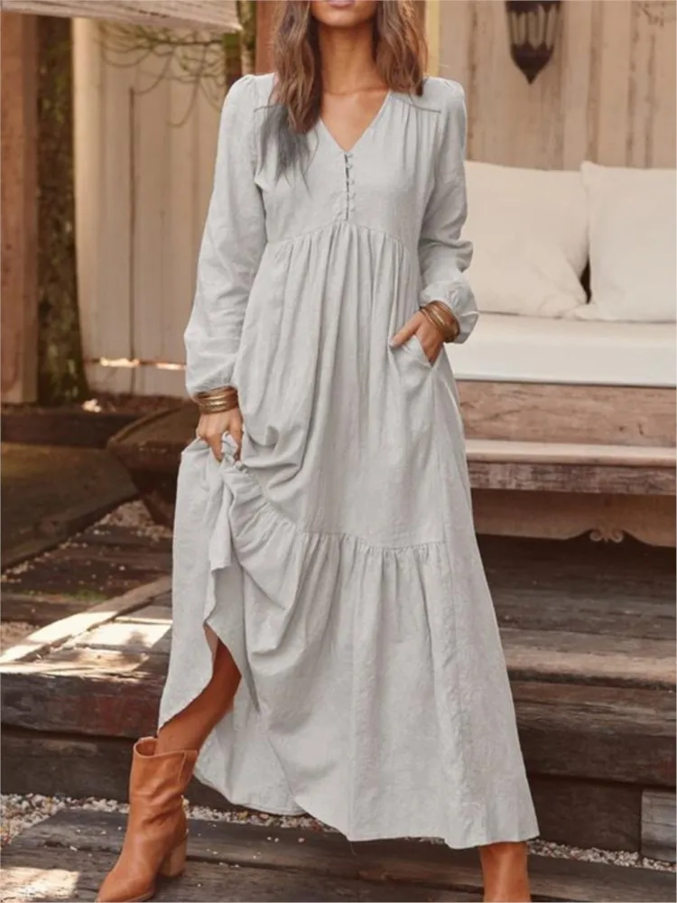 Autumn And Winter New Cotton Linen Retro Casual Long-sleeved Dress With Long Skirt For Women Fashion Solid Color Button Dress