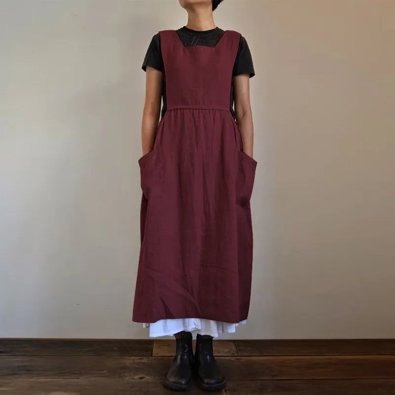 Cotton Linen Apron Dress For Women Casual Homewear