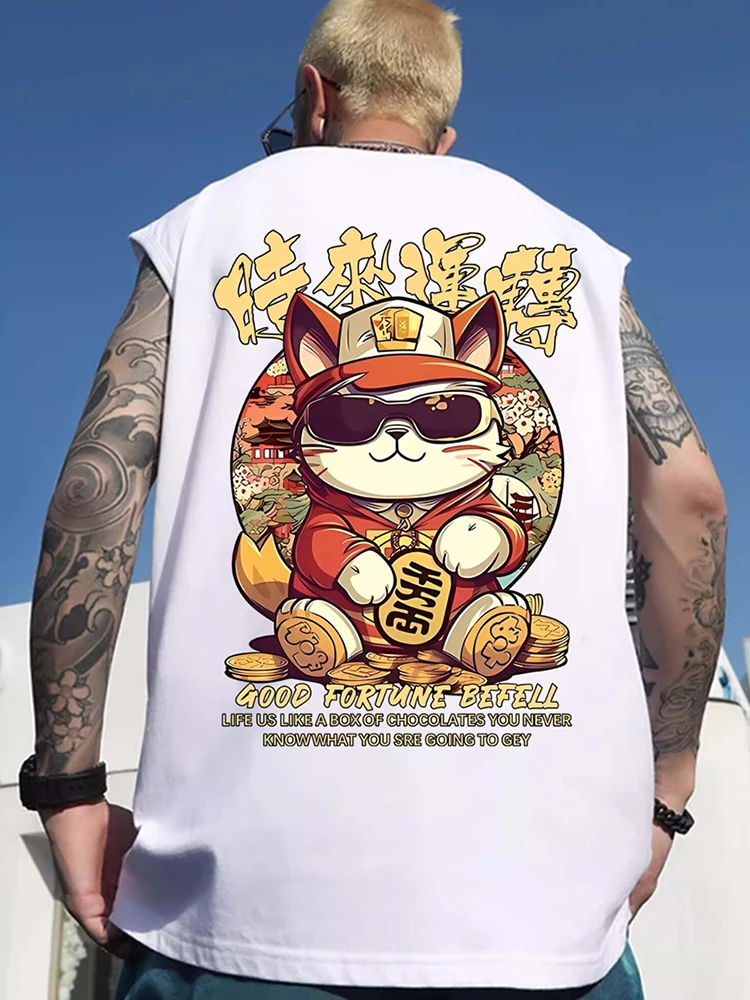 thumbnail image 1 of Nuevas camisetas sin mangas con gráficos de gato de la suerte japonés para hombre, camisetas sin mangas de anime para culturismo, moda de verano de hip hop, chaleco Y2K, 1 of 5