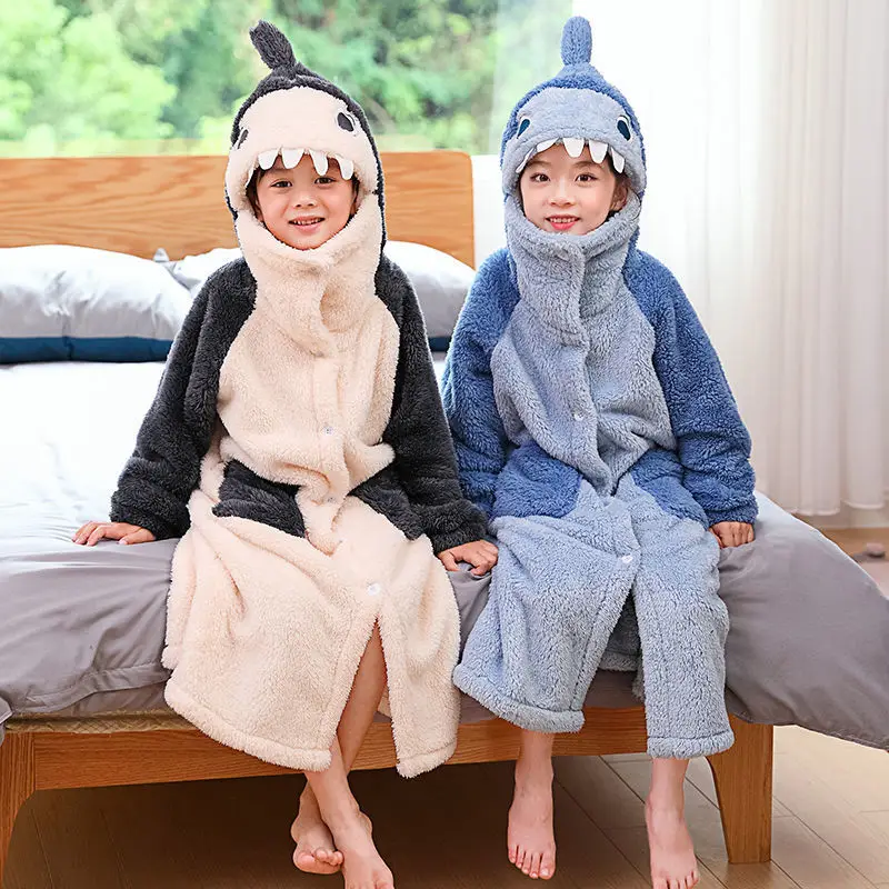 Fashion Boys Girls Winter Pajamas Hooded Cartoon Bathrobe Flannel Robe Set Kids Children Sleepwear Coral Velvet Home Clothes