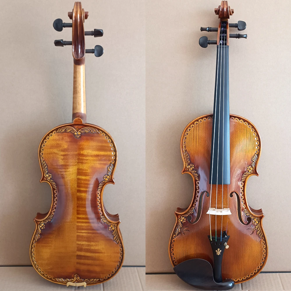 European spruce！100% hand carved Italian retro Oil Varnish Violin 4/4 engraving Professional violino with case bow pin