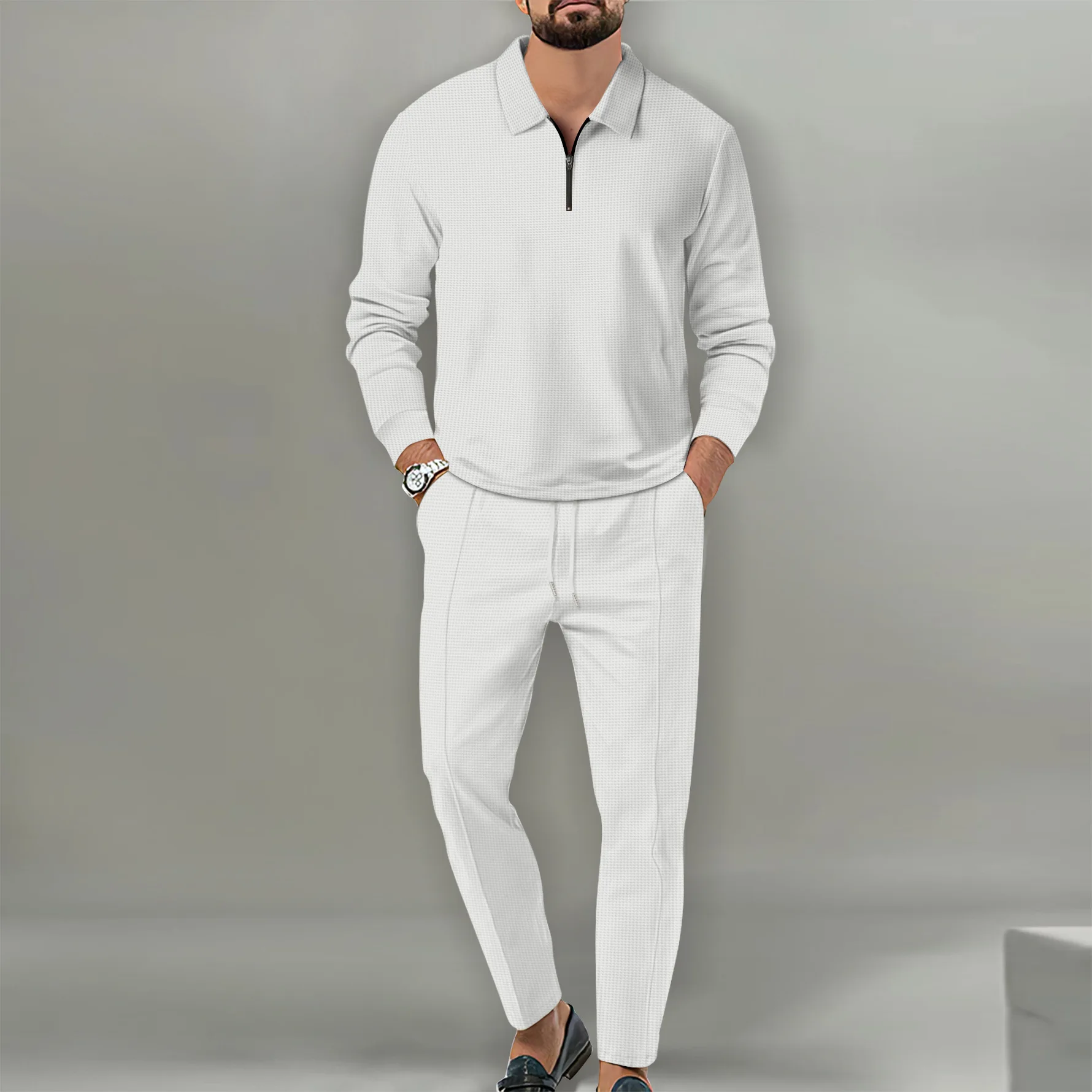 Spring Autumn men's casual lapel solid color two-piece fashion zipper Waffle fabric outdoor sports long sleeve + pants suit 5