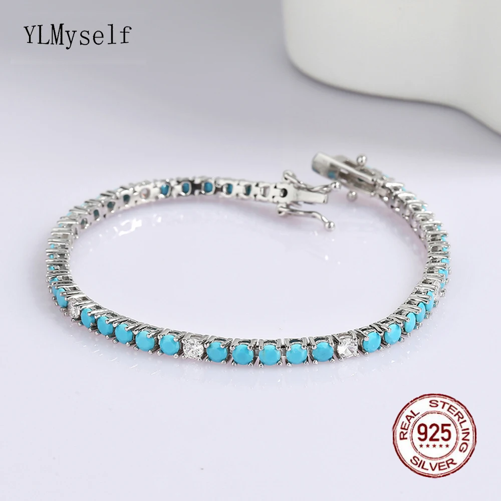 Pure Silver Tennis Bracelet Pave 3 mm Turquoise Blue Stone Mix White Cubic Zircon Real 925 Jewelry For Women