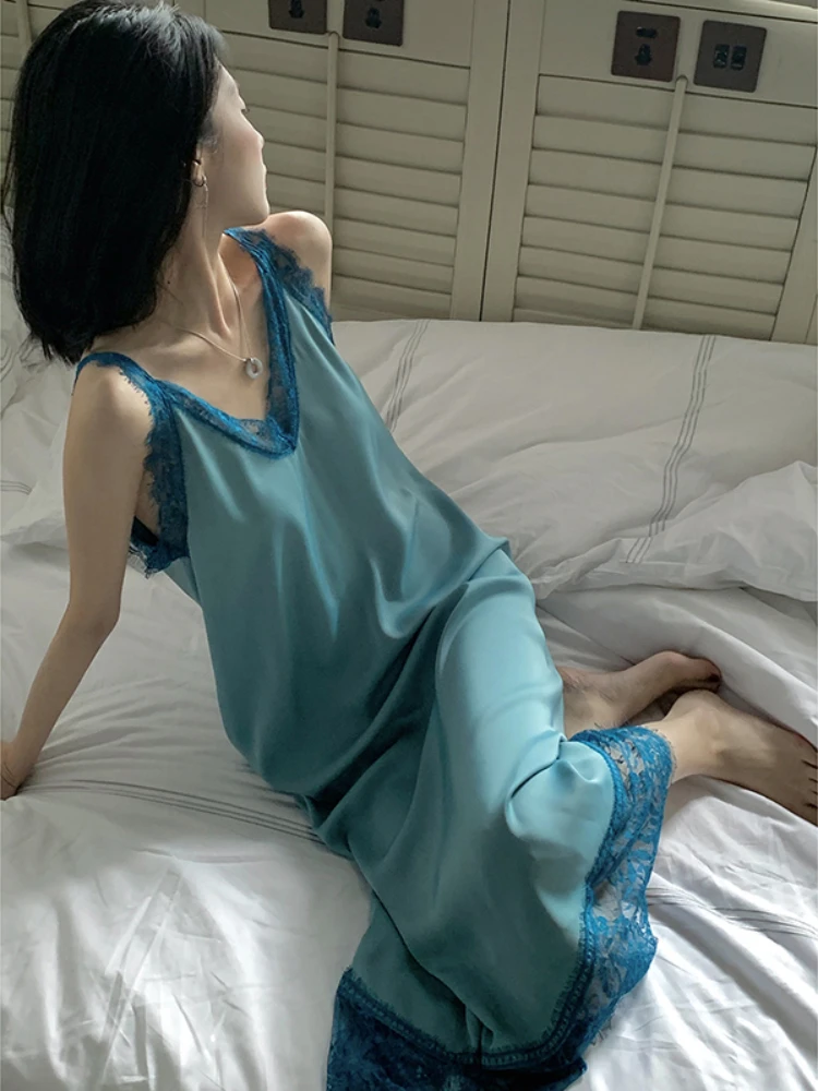 

Women Long Satin Dresses 2023 Summer Lace Patchwork Maxi Vestidos Casual Solid Loose Sundress Oversized Sexy V Neck Robes