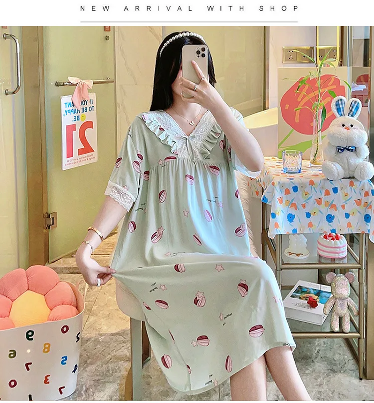 Baumwolle Rayon Nachtwäsche Frauen Sommer Kurzarm Lose V-ausschnitt Nachthemd Süße Hause Tragen Nachthemden Weibliche Nachtwäsche Kleid – Detail 7