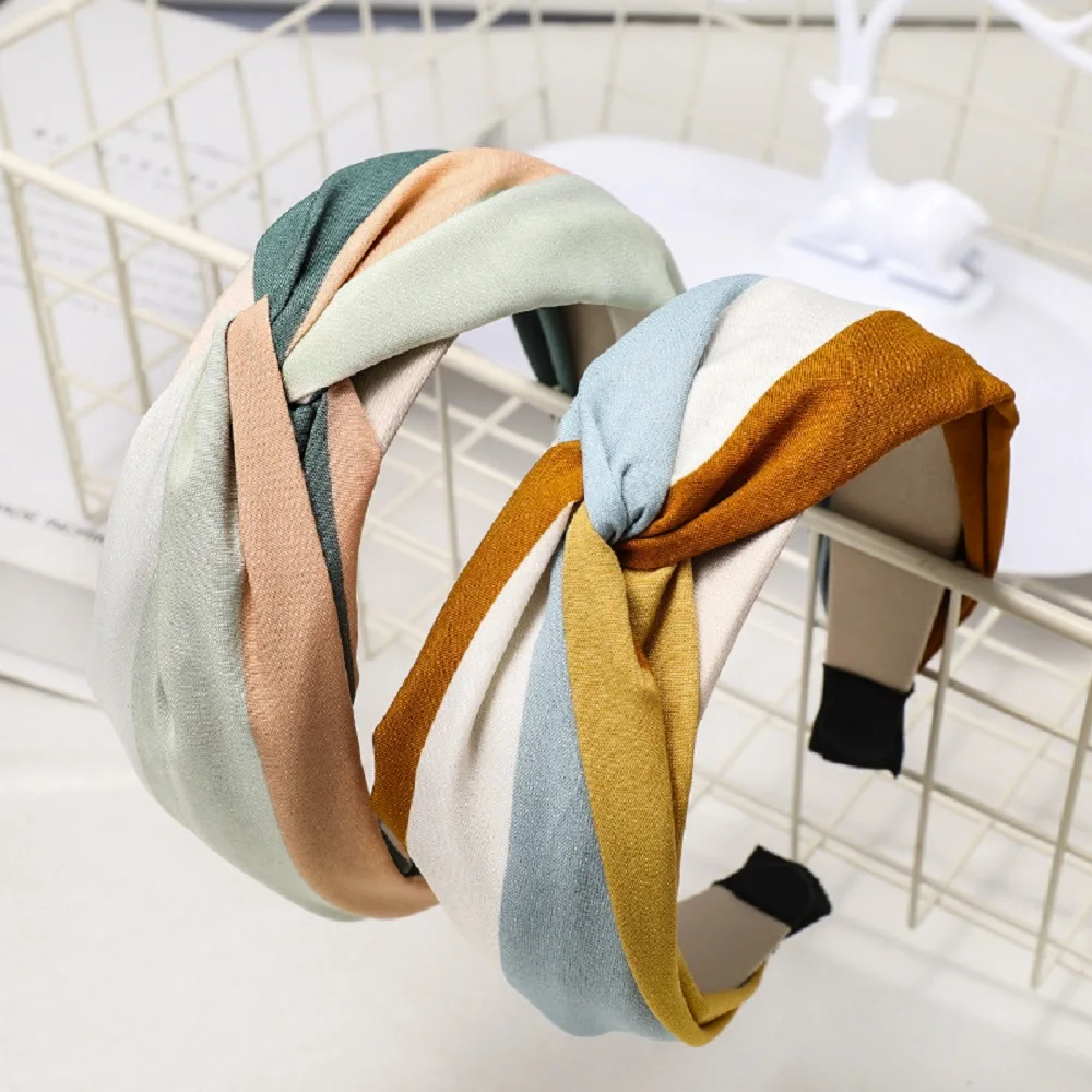 

Hair Accessories Wide Side Women Non-slip Cloth Cross Knotted Head Hoop Striped Headband Hair Bands