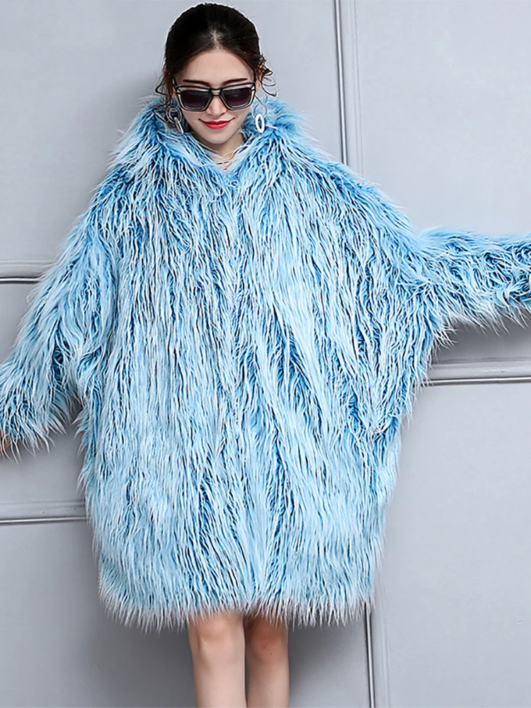 Nerazzurri Winter Oversized Warm Thick Shaggy Faux Fur Coat Women Bat