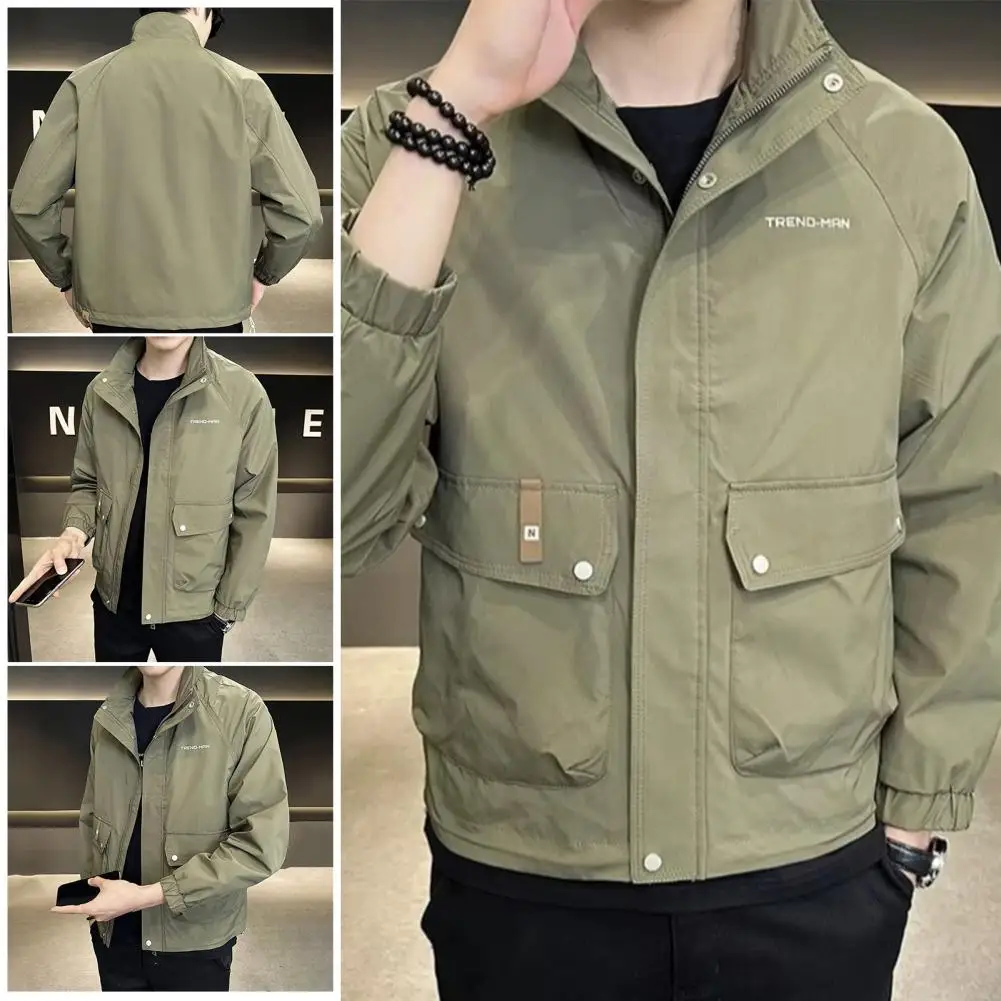 

Flap Pocket Coat Men's Windproof Stand Collar Winter Coat with Zipper Closure Pockets Smooth Long Sleeve Jacket for Fall Soft