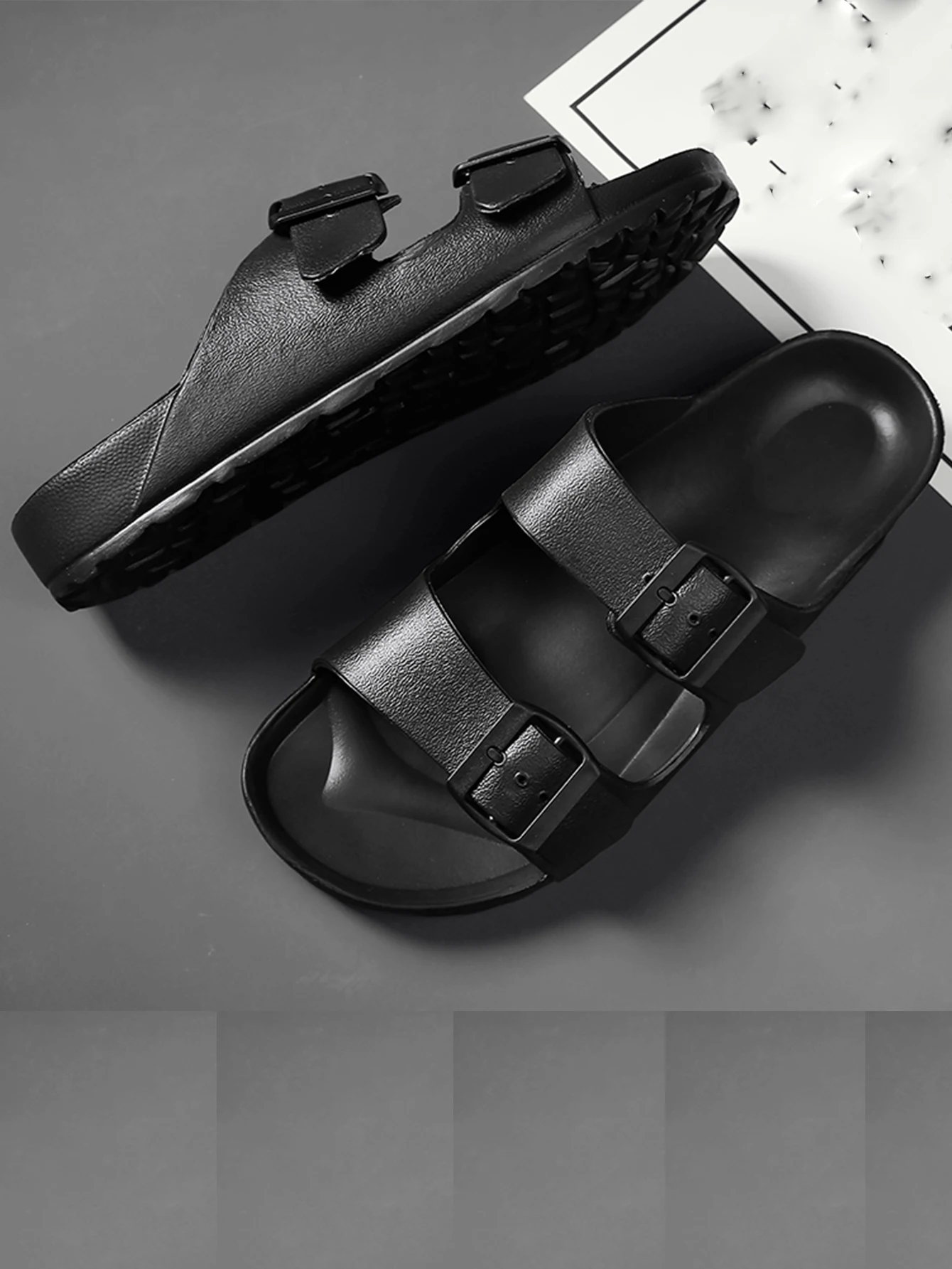 Women's Simple Solid Color Flat Heel Buckle Set with One-Line Birkenstock Slippers Large Size 4