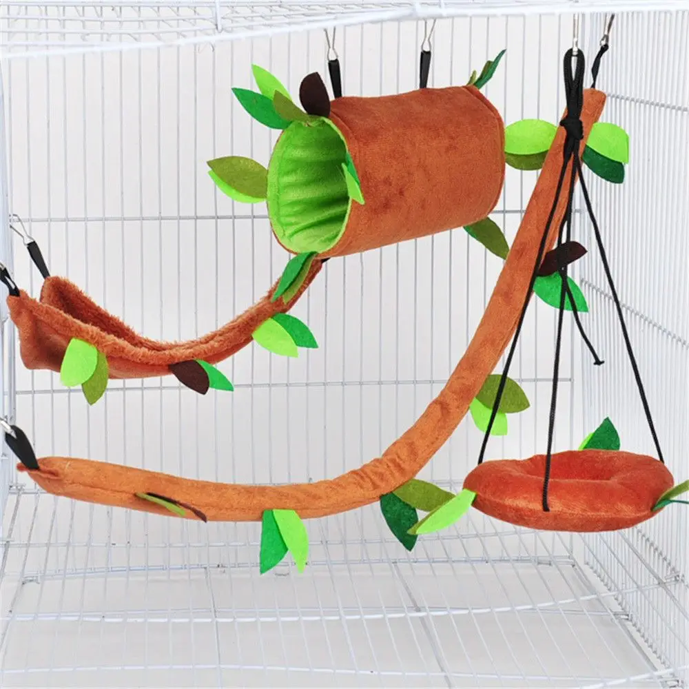 Bird Toy Bird Cage Accessories Bird Swing Toy Small Pet Hanging Stump Tunnel Cableway Triangle Hammock Circular Swing Jungle Set Cage Accessories for Squirrel Hamster 4PCS