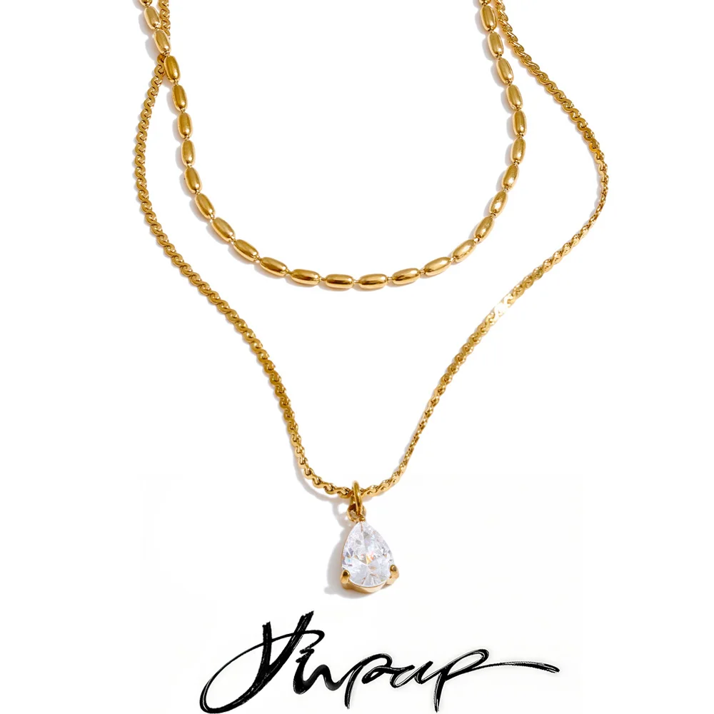Yhpup Stainless Steel Pendant Necklace Zircon Water Drop