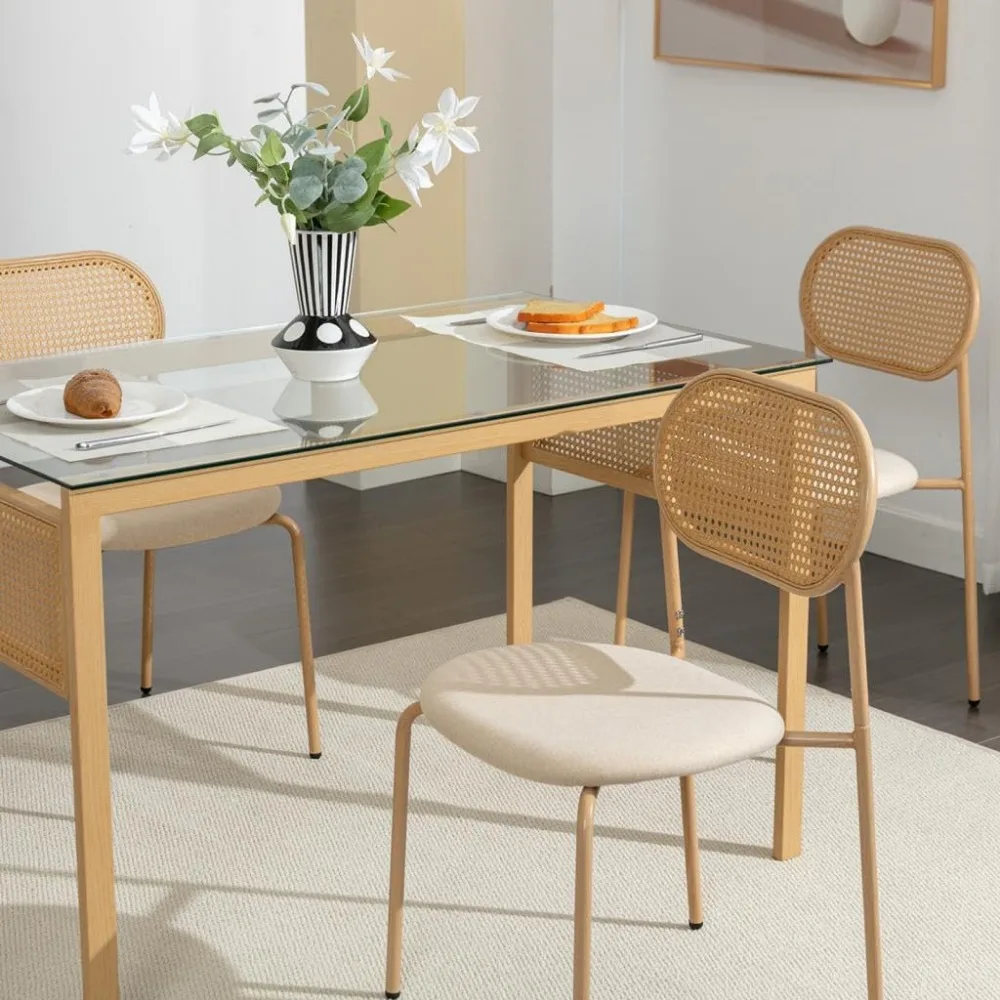 Boho Dining Chairs Set of 4 with Rattan Back, Upholstered Cane Seats, Metal Legs - Perfect for Dinner, Living Room, or Receptio 4