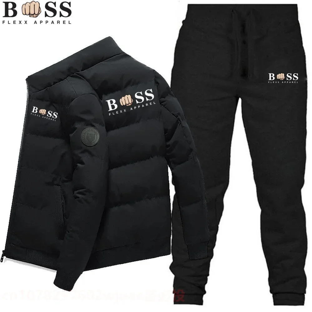 Men's zippered polyester jacket and pants, winter fashion clothing, warm, windproof, high-quality two-piece set for winter, 2024
