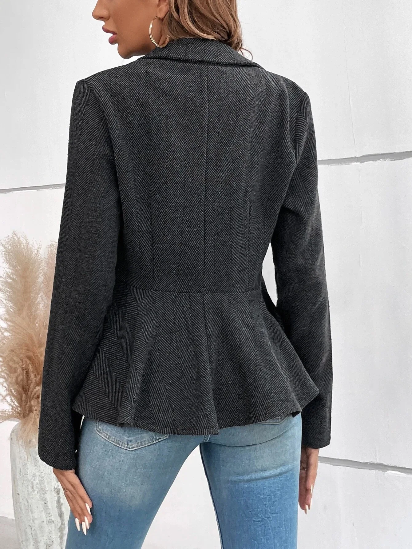 Women Blazer Double Breasted Ruffled Suit Slim Fit Padded Shoulder Coat Elegant