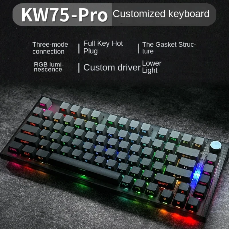

Механическая клавиатура Reccazr KW75 Pro, 3 режима, USB 2,4G, беспроводная Bluetooth-клавиатура с горячей заменой, RGB, 81key, клавиши PBT, для геймеров, E-sport