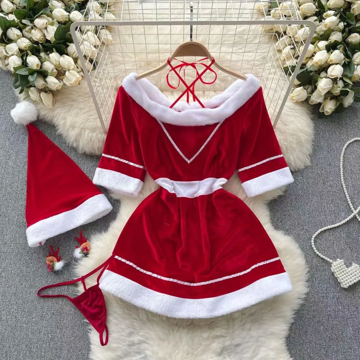 New In Christmas Red Short Dress Sexy Sequin Slim Bodycone Dress Strap Club Party Night Dress Rrotic Bunny Cosplay Mini Dress