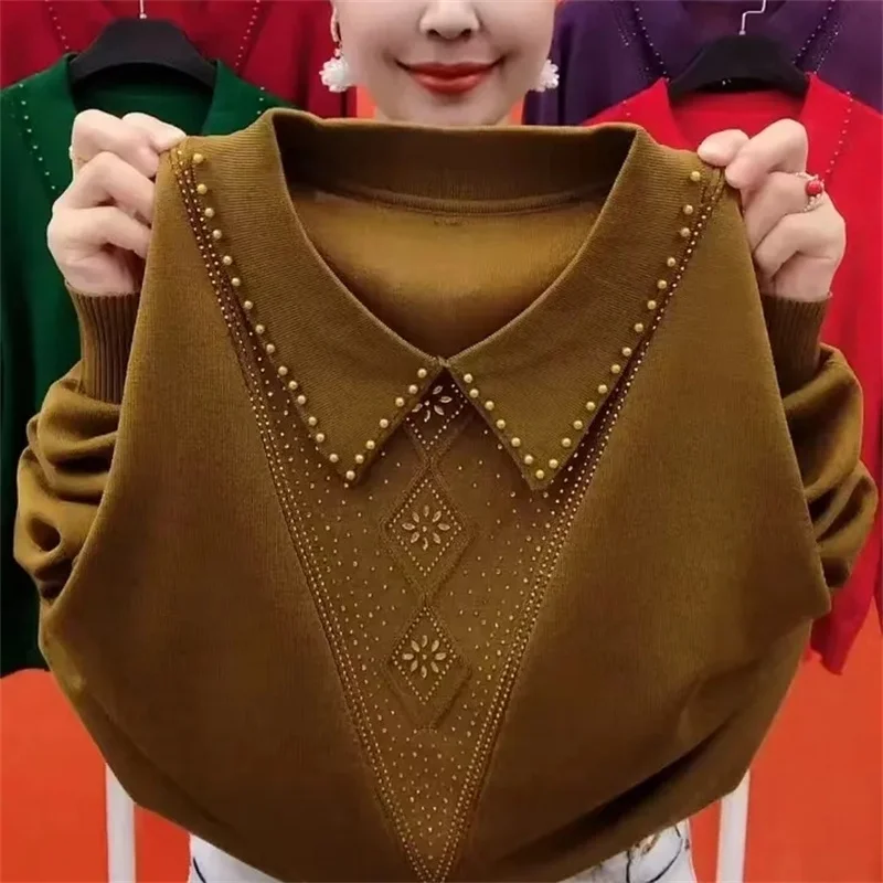 

Новинка 2024, свитера для женщин среднего возраста, пуловеры, весенне-осенний Свободный Повседневный Трикотажный свитер с длинными рукавами, женский джемпер