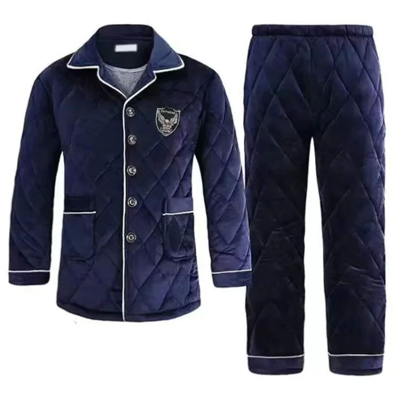 2024 New Pajamas Men's Winter Thick Three-layer Flannel Cotton Jacket Plus Size Sleepwear Set Stand Collar Loose Plush Homewear