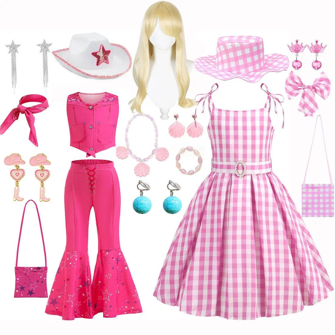 Halloween Hot Movie Margot Robbie Role Play Baby Pink Dress Girl Cowboy Look Dress Summer Sleeveless Plaid Slim Strap Dress Set