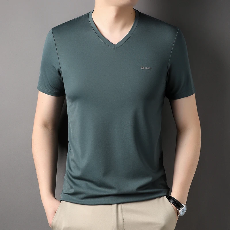 

Smooth Elastic T Shirts For Mens 2023 Summer V-neck Black Thin Blouses Large Size Stretch Mens Clothing Claret Red Tee Blue Tops