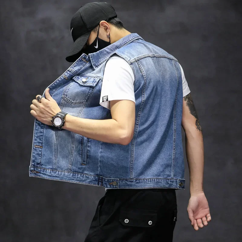 Denim Vest Men's Spring Summer Autumn Plus Size Casual Hong Kong Style Trendy Invest Youth Sleeveless Shoulder Vest
